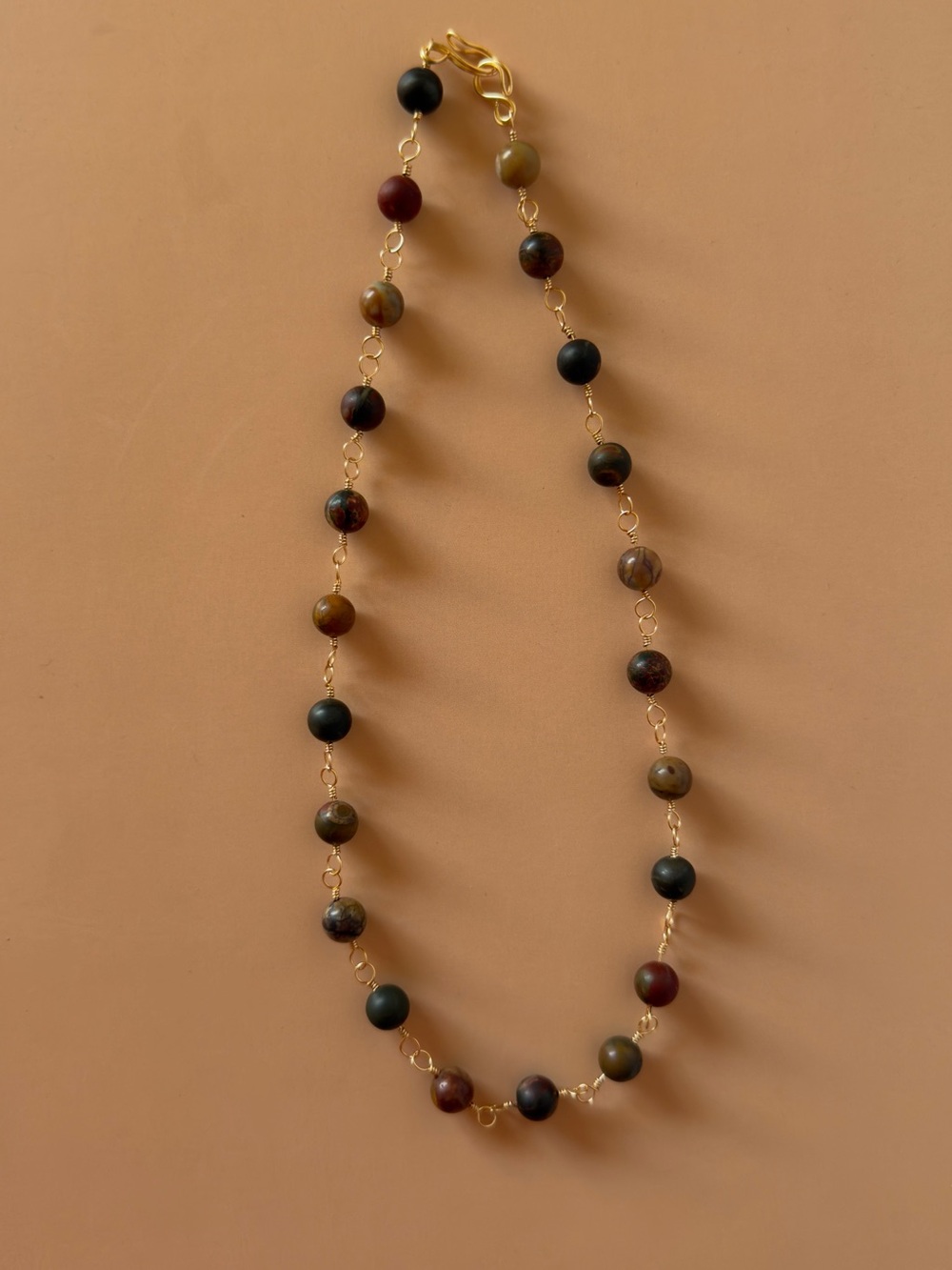 Gold Chain Beaded Necklace with Bloodstone Beads